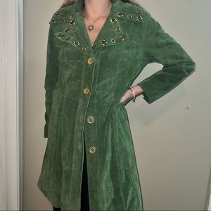 Emerald green genuine leather jacket with floral interior. Gorgeous
